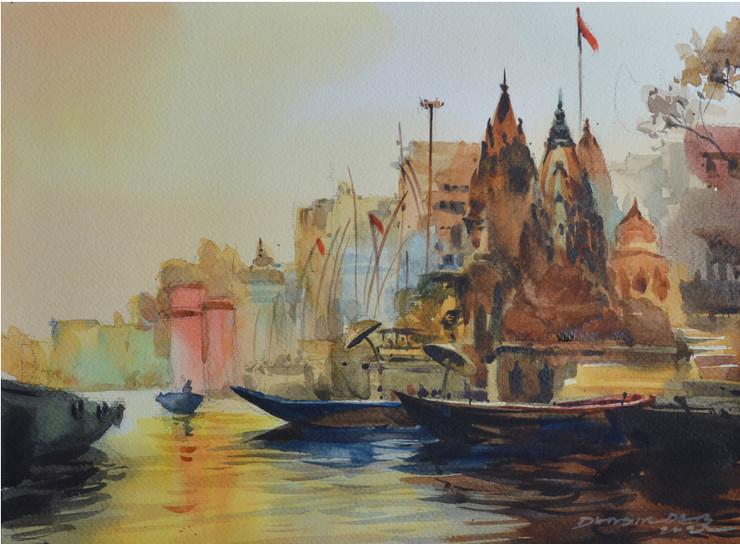 Ghats of Varanasi (ART_8949_73205) - Handpainted Art Painting - 14in X 11in