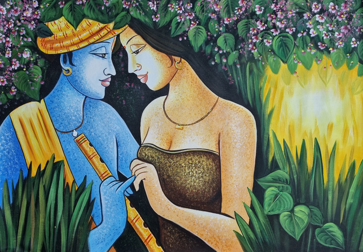 THE DIVINE RADHA KRISHNA PAINTING (ART_3319_73440) - Handpainted Art Painting - 36in X 24in