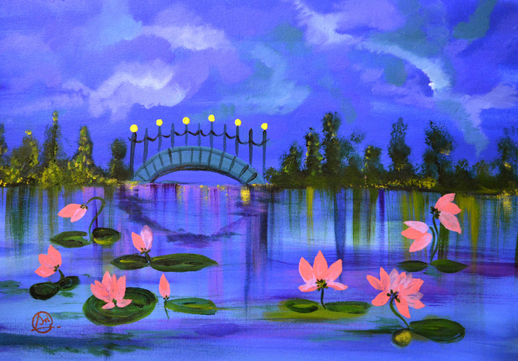 Peaceful Evening around Lotus Pond (ART_8580_73427) - Handpainted Art Painting - 20in X 14in