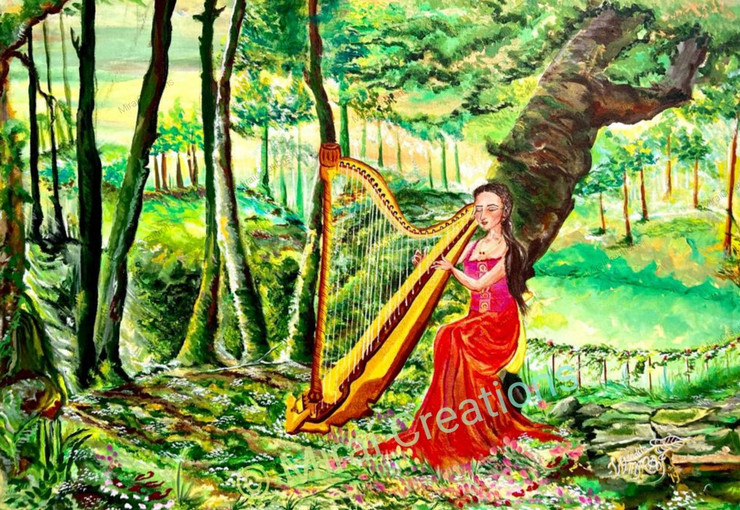 LADY WITH HARP (ART_8825_73546) - Handpainted Art Painting - 32in X 22in