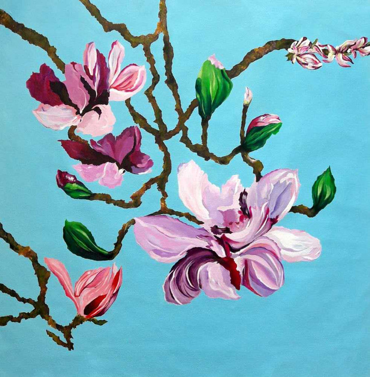 Cherry Blossom Flowers On The Branches Acrylic Painting (ART_8034_73603) - Handpainted Art Painting - 24in X 24in
