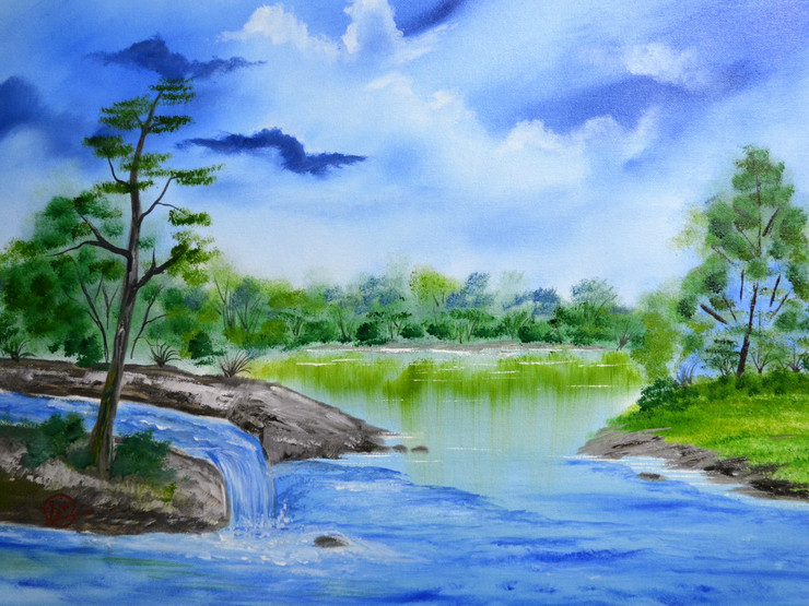 Freshwater lake (ART_8580_73836) - Handpainted Art Painting - 20in X 14in