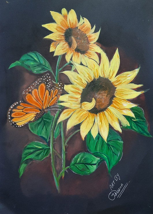 Sunflower with butter fly (ART_8786_73818) - Handpainted Art Painting - 11in X 13in