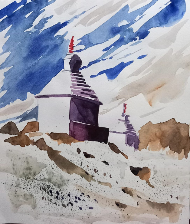 TEMPLE IN HILLY AREA (ART_8950_73863) - Handpainted Art Painting - 10in X 8in
