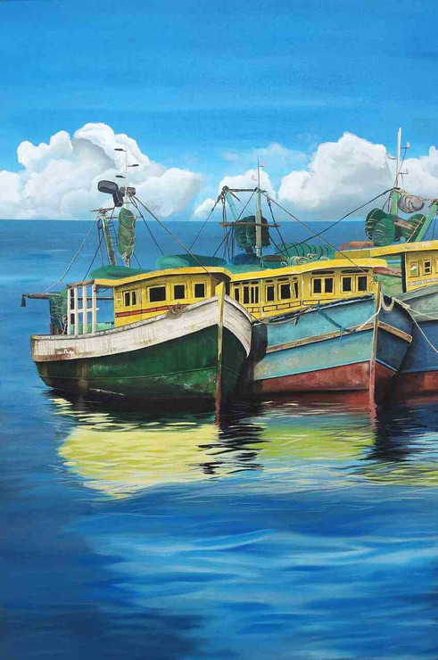 Vizag harbour (ART_329_73859) - Handpainted Art Painting - 24in X 36in