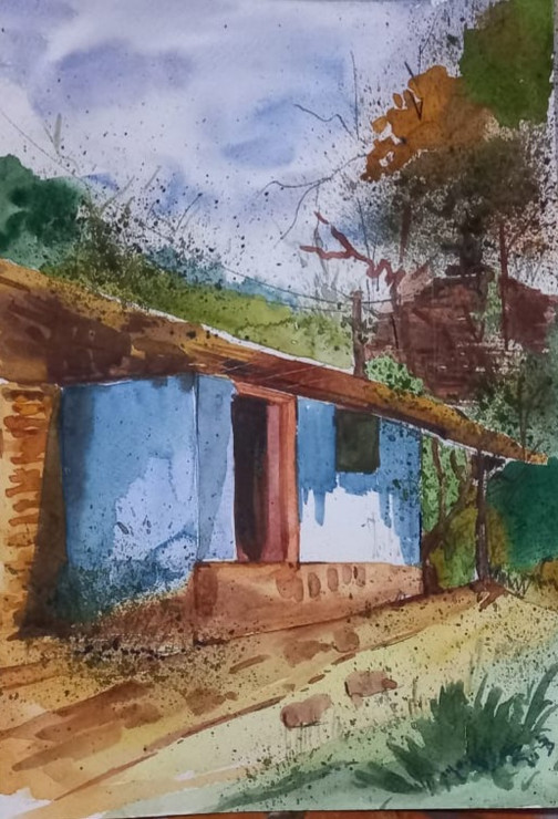 House in village (ART_8950_73903) - Handpainted Art Painting - 11in X 8in