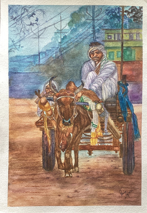Bullock Cart (ART_8729_73891) - Handpainted Art Painting - 12 in X 16in