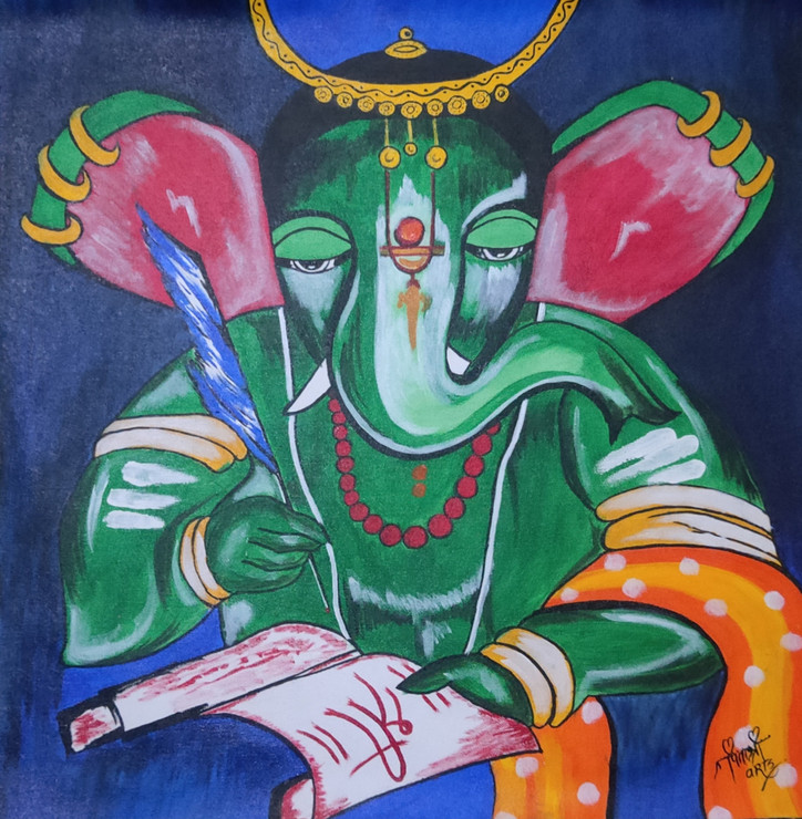Devotion Of Ganesha-3 (ART_8015_58635) - Handpainted Art Painting - 23in X 23in