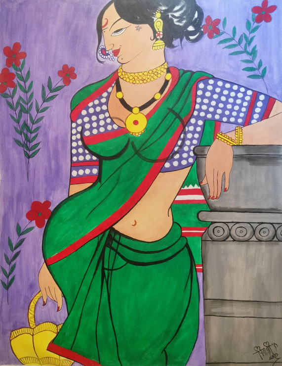 Indian Traditional Woman Art -2 (ART_8015_58623) - Handpainted Art Painting - 30in X 39in