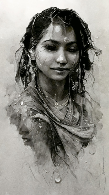 Portrait of a Indian lady woman in wet attire...2.0 (PRT_8658_69778) - Canvas Art Print - 17in X 11in