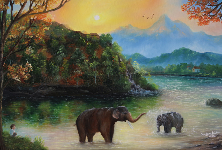 Elephants Playing In Forest Sunrise (ART_976_74030) - Handpainted Art Painting - 30in X 20in