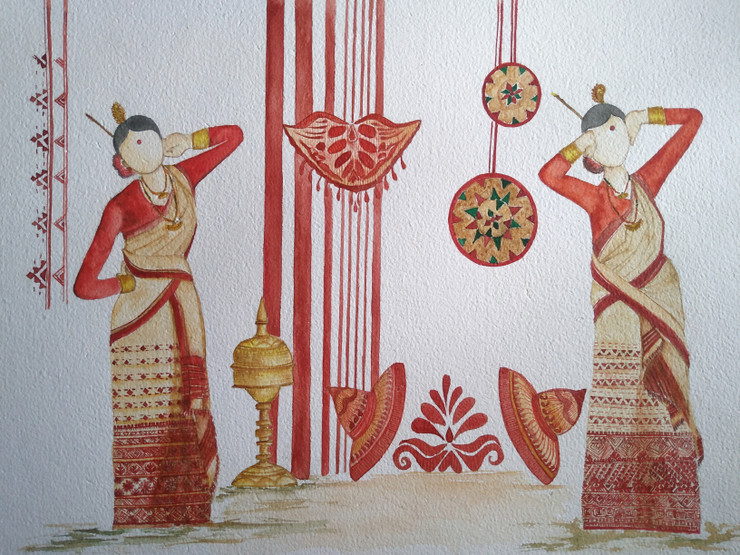 Bihu- Assam traditional harvest festival  (ART_8972_73796) - Handpainted Art Painting - 16in X 12in