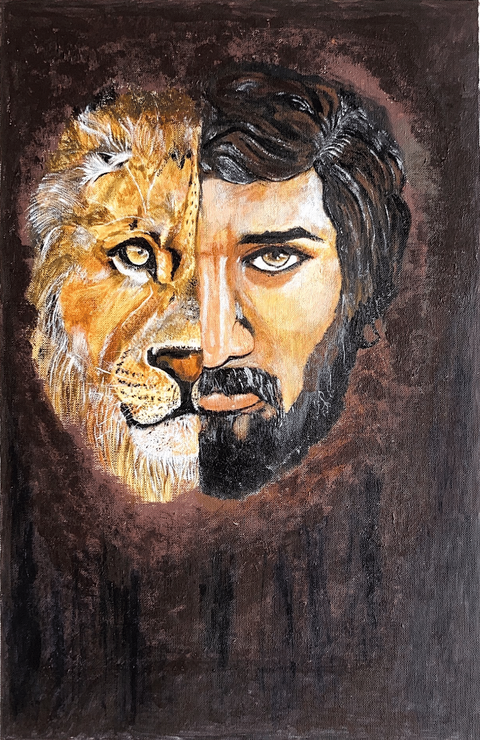 The Lionman: A Handmade Acrylic Painting on Canvas (ART_8992_74145) - Handpainted Art Painting - 12in X 16in