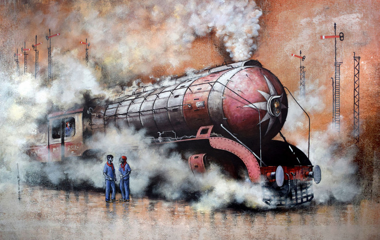 Nostalgia of Steam Locomotives_49 (ART_5796_74450) - Handpainted Art Painting - 59in X 38in