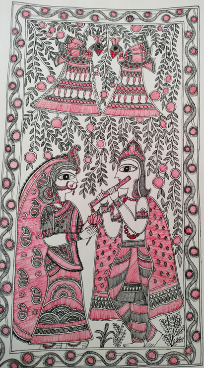 Radhe Krishna (ART_9002_74368) - Handpainted Art Painting - 12in X 22in