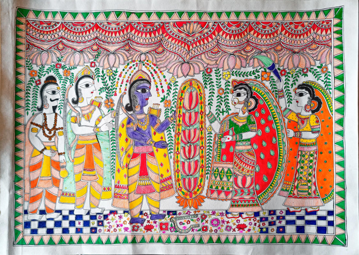 Sita Swayamvar Madhubani Painting (ART_9002_74363) - Handpainted Art Painting - 30in X 22in