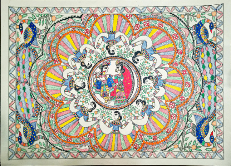 Krishna Raas Madhubani Painting (ART_9002_74360) - Handpainted Art Painting - 30in X 22in