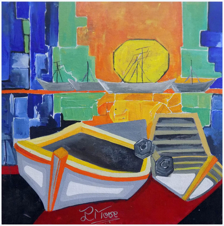BOAT 1 : ACRYLIC ON  CANVAS BOARD (ART_1033_74612) - Handpainted Art Painting - 12in X 12in
