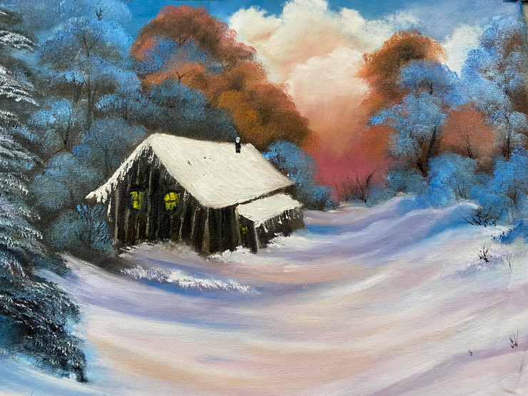 A cabin in the snow (ART_9008_74596) - Handpainted Art Painting - 24in X 18in