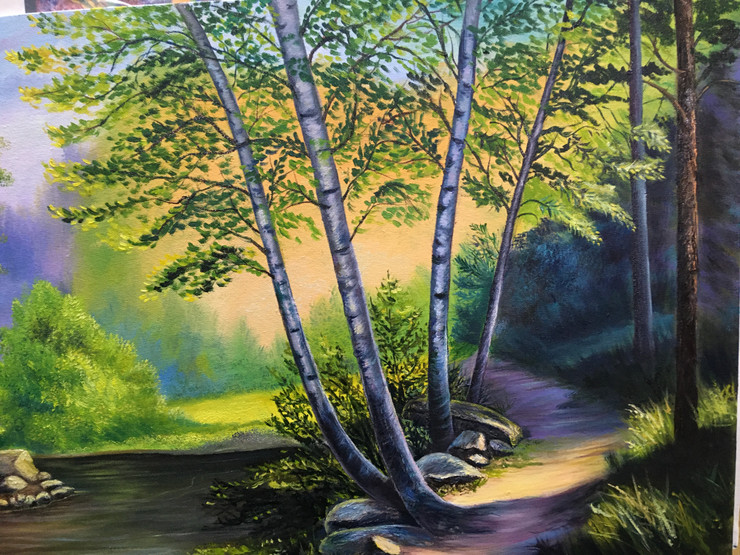A tiny path among trees (ART_9008_74533) - Handpainted Art Painting - 24in X 18in