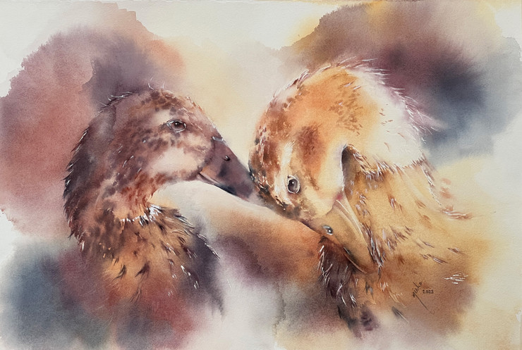 Duck Love (ART_8921_74534) - Handpainted Art Painting - 22 in X 15in