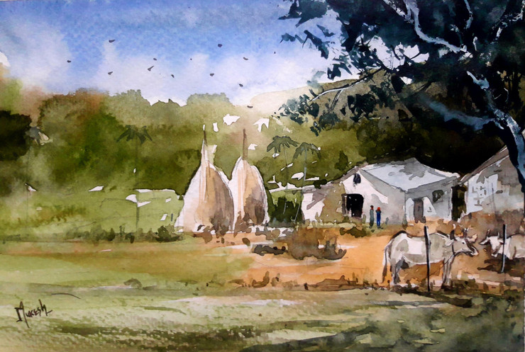 Village life (ART_8987_74766) - Handpainted Art Painting - 6in X 8in