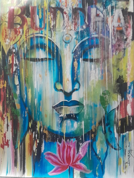 Buddha With Acrylic Color Handmade Painting (ART_7555_74748) - Handpainted Art Painting - 18in X 24in
