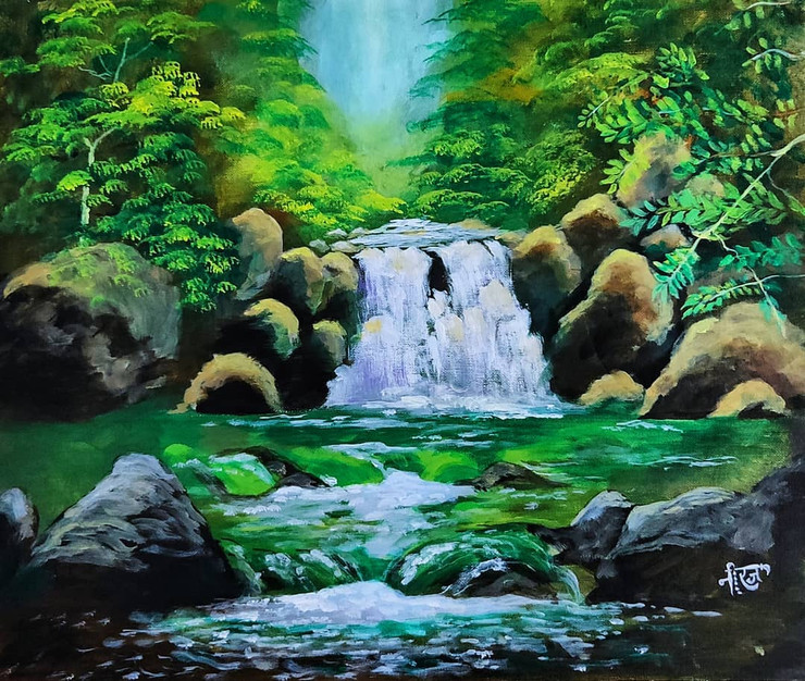 Green Fountain  (ART_9014_74752) - Handpainted Art Painting - 14in X 12in