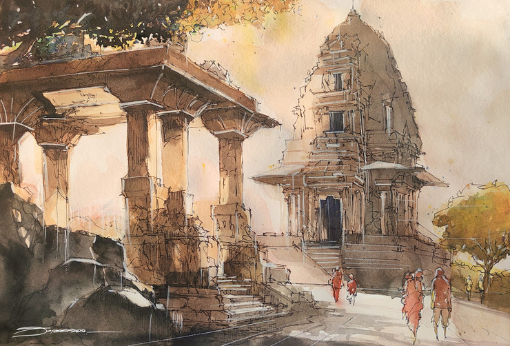 The Village Temple At Hampi Watercolor And Ink (ART_8658_74822) - Handpainted Art Painting - 17in X 11in