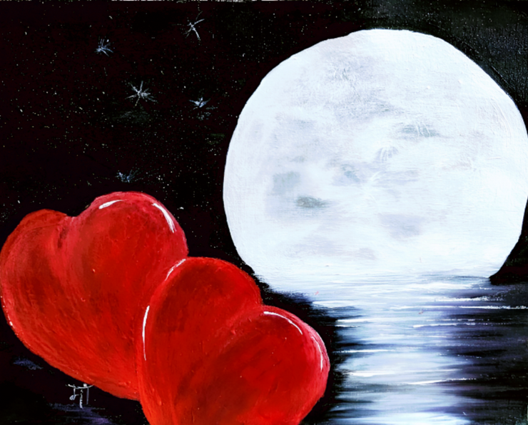 Love moon (ART_9020_74763) - Handpainted Art Painting - 12in X 10in