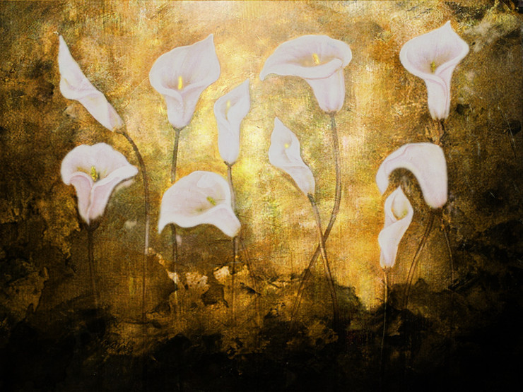 Playing Flowers - 40in X 30in,31Flower36_4030,Oil Colors,White Flowers,Yellow and Black Background,Museum Quality - 100% Handpainted,Yellow, Brown,100X75,Flowers, Animals, Nature Art Canvas Painting Buy canvas art painting online for sale by fizdi.co