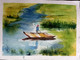 BOAT AT RIVER WITH A BOY (ART_8950_76144) - Handpainted Art Painting - 15in X 11in