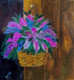 Flower basket hanging in a wooden wall (ART_9120_76799) - Handpainted Art Painting - 10in X 10in