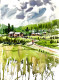 Pond Of Village (ART-8987-101661) - Handpainted Art Painting - 11 in X 15in