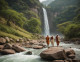 Hindu Gods Near Temple Waterfall (PRT-15395-102337) - Canvas Art Print - 18in X 14in
