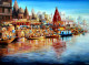Colorful Morning Varanasi Ghats (ART-1232-103703) - Handpainted Art Painting - 48in X 36in