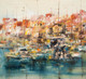 Boats In The Harbor Abstract  (PRT_942) - Framed Canvas Art Print - 23in X 21in