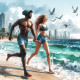 Couple Beach Run 2 (PRT-8991-105043) - Canvas Art Print - 60in X 60in