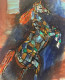 Blue Cubist Horse With Orange Mane , Rearing Abstract Cubism Horse , Blues , (ART-16629-108519) - Handpainted Art Painting - 24in X 36in