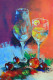 Still Life,(241)- Drink Glasses, Slice Lemon, Fruits, Cherries, (ART-15639-108966) - Handpainted Art Painting - 11in X 17in