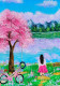 "Serene Spring Landscape: Girl By The Lake With Cherry Blossom Tree And Bicycle Painting" (ART-16784-109461) - Handpainted Art Painting - 9in X 11in