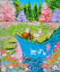 "Enchanting Spring Meadow Painting With Bunnies, Flowers, And Serene Stream" (ART-16784-109447) - Handpainted Art Painting - 8in X 10in