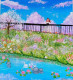 "Serene Spring Landscape: Girl By The Water With Flowers And Swans" (ART-16784-109468) - Handpainted Art Painting - 8in X 9in