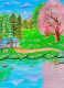 "Charming Landscape Painting: Serene Cottage By Tranquil Lake With Blooming Trees" (ART-16784-109464) - Handpainted Art Painting - 9in X 12in