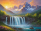 Waterfall Mountains Sunrise Scenery Landscape Painting (ART-3319-110347) - Handpainted Art Painting - 48in X 30in