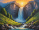 Waterfall Mountains Sunrise Scenery Landscape Painting (ART-3319-110379) - Handpainted Art Painting - 36in X 30in