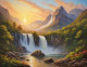 Waterfall Mountains Sunrise Scenery Landscape Painting (ART-3319-110377) - Handpainted Art Painting - 36in X 30in