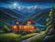 Night View Landscape Scenery Of House With Nature And Moutains (ART-3319-110375) - Handpainted Art Painting - 48in X 36in