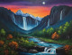 Night View Landscape Scenery Of Waterfall Mountains Forest. (ART-3319-110376) - Handpainted Art Painting - 36in X 30in