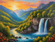 Waterfall Mountains Sunrise Scenery Landscape Painting (ART-3319-110378) - Handpainted Art Painting - 36in X 30in